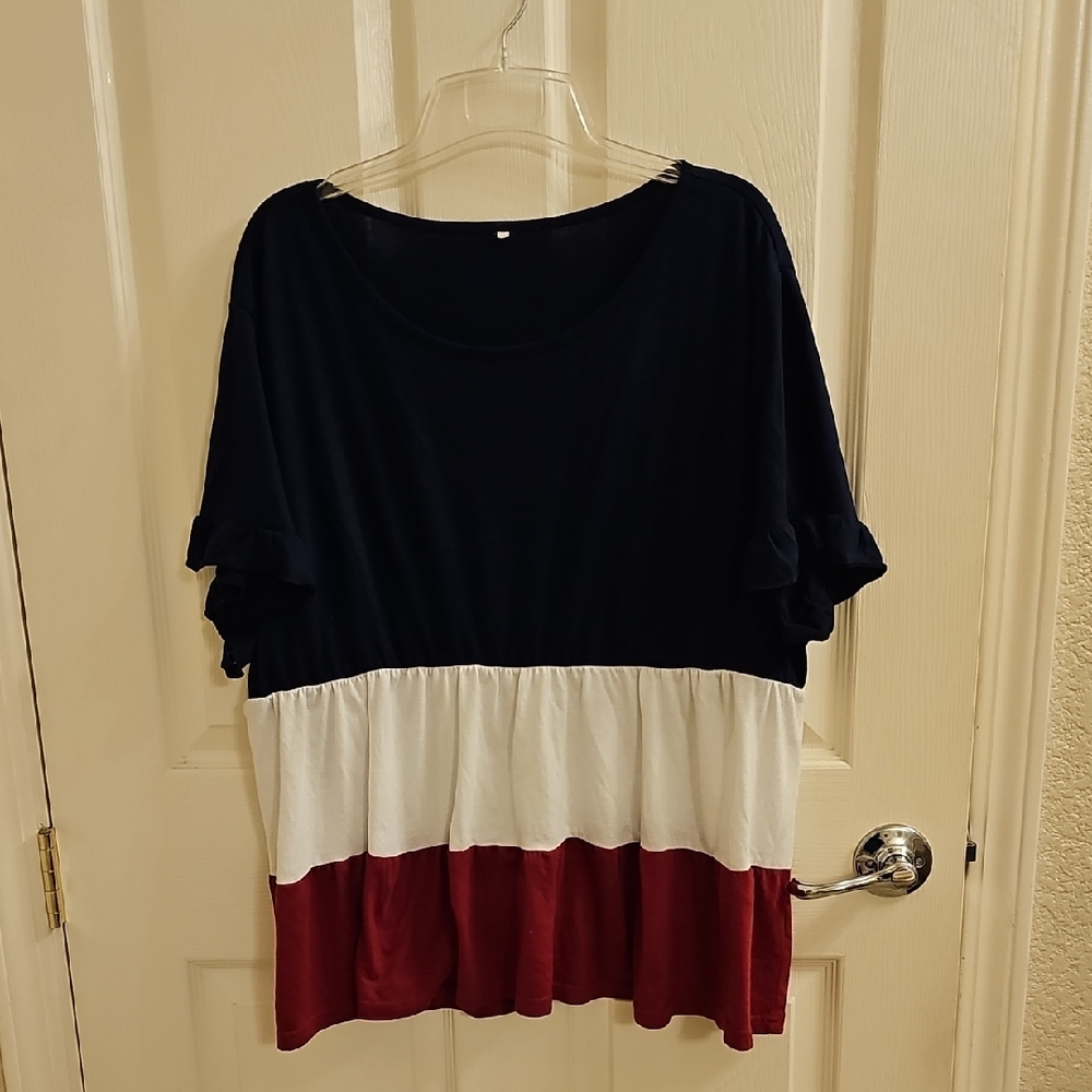 Shein Colorblock Ruffle Sleeve Top Red White Nave Blue XL